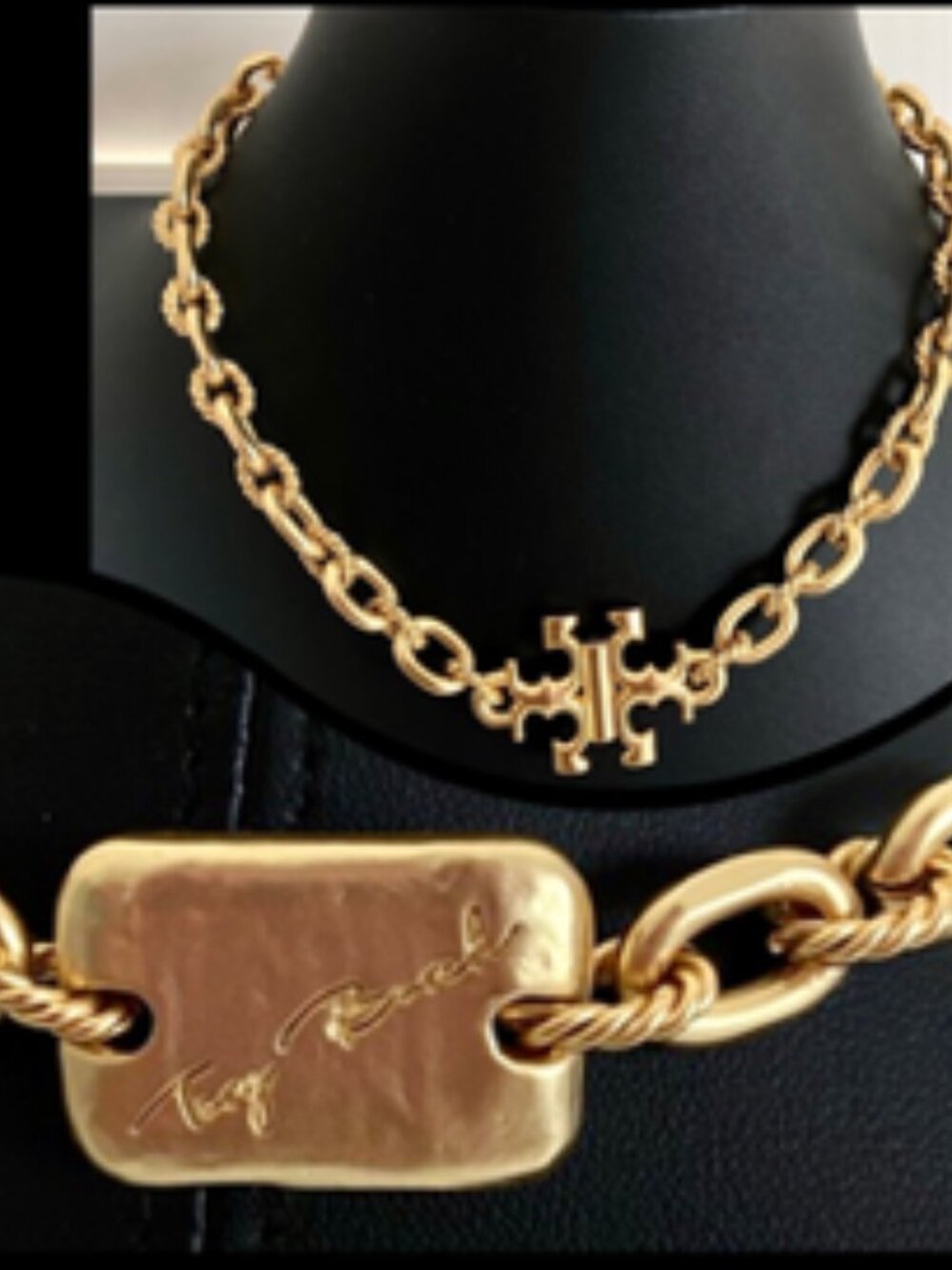 NWOT Tory Burch Torsade Vintage Brass Gold Logo Statement Necklace